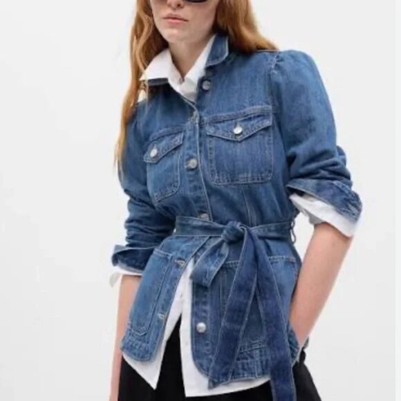 GAP Women's Belted Puff Sleeve Medium Indigo Denim Jacket M NEW - Picture 2 of 9